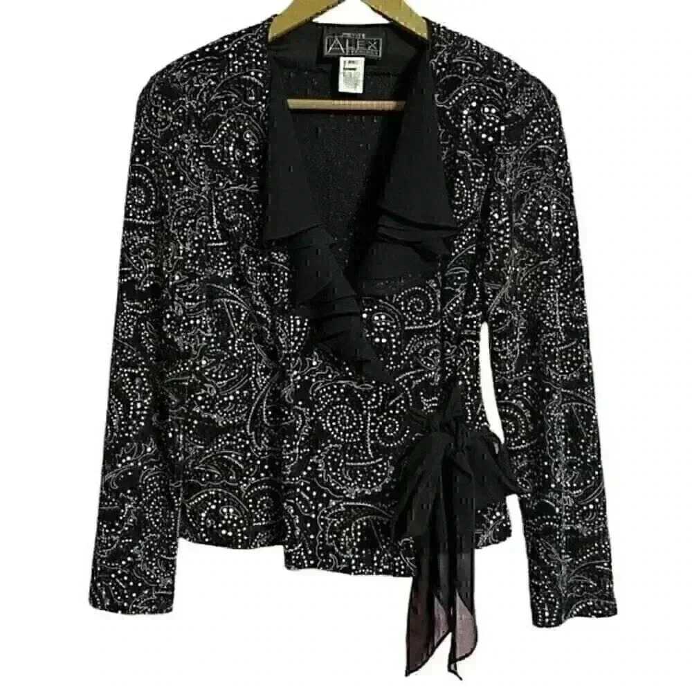 Alex Evenings Blouse Petite Black Embellished Wrap Style Holiday Party New Year